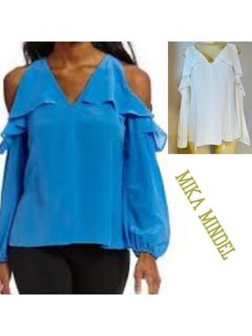 🎩🗝️ NWT $129 OFF-White 100% SILK Mika Mindel Cold Shoulder Vienna Blouse - S